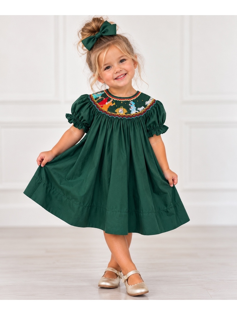 Rosalina Girls 2T Green Smocked Nativity Christmas Dress